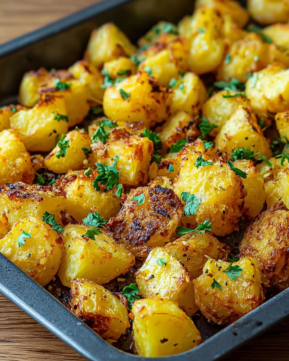 The image shows a close-up of a baking tray filled with golden roasted potato pieces. Each potato chunk is irregular in shape, with a crispy, browned outer layer and a soft yellow inside. The potatoes are sprinkled with small green parsley leaves and black pepper specks, giving a fresh and seasoned look. The tray's edges are dark, and the tray is on a wooden surface, but the background should be imagined as white marbled texture. The roasted potatoes have a crunchy texture on top and tender on the inside, creating a visually warm and appetizing dish. Photo taken with an iphone --ar 4:5 --v 7
