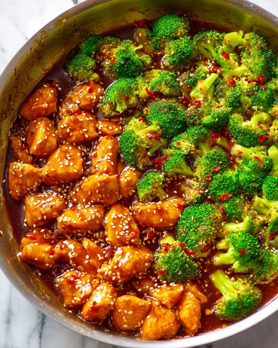 A close-up of a pan filled with a savory dish featuring two main layers: bright green broccoli florets that have a fresh, slightly rough texture on one side, and juicy, golden-brown chicken pieces coated in a glossy, thick brown sauce on the other. The sauce surrounds both layers, appearing shiny and rich with small sesame seeds and tiny red pepper flakes sprinkled throughout. The pan’s edge is visible with a soft metallic color and a slightly worn texture. The dish sits on a white marbled surface. photo taken with an iphone --ar 4:5 --v 7