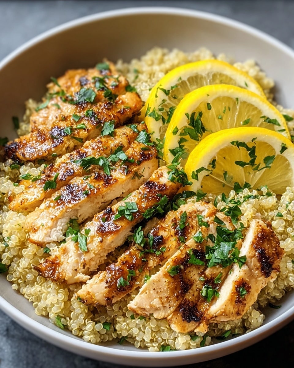 A bowl filled with a bottom layer of light, fluffy quinoa grains that look soft and slightly translucent, topped with sliced grilled chicken strips that are golden brown with charred marks and scattered with finely chopped green herbs, mostly parsley. On the right side of the chicken slices, there are two lemon wedges bright yellow with a glossy texture, also sprinkled with chopped herbs, all set inside a white bowl on a white marbled surface. photo taken with an iphone --ar 4:5 --v 7