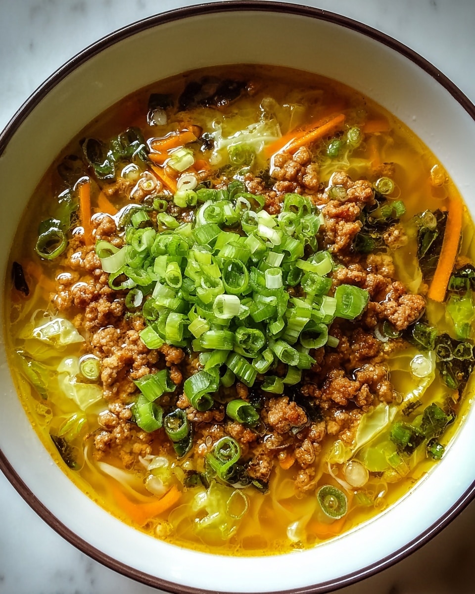 A white bowl with a thin dark rim holds a clear golden broth filled with finely ground browned meat spread evenly as the first layer. The second layer includes thin orange carrot sticks and light green cabbage pieces, giving a soft texture. On top, a generous amount of chopped dark green scallions and lighter green celery slices sit in the middle, adding freshness and color contrast. The dish is presented on a white marbled surface. photo taken with an iphone --ar 4:5 --v 7
