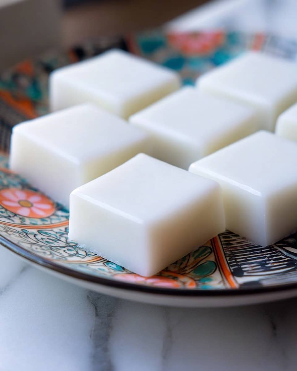 The image shows several square-shaped white soft jelly-like pieces arranged on a white plate with colorful patterns around the edges. Each piece is smooth and looks thick with a clean-cut shape, all placed neatly and slightly spaced out on the plate. The background is a white marbled texture, giving a simple and bright look. photo taken with an iphone --ar 4:5 --v 7