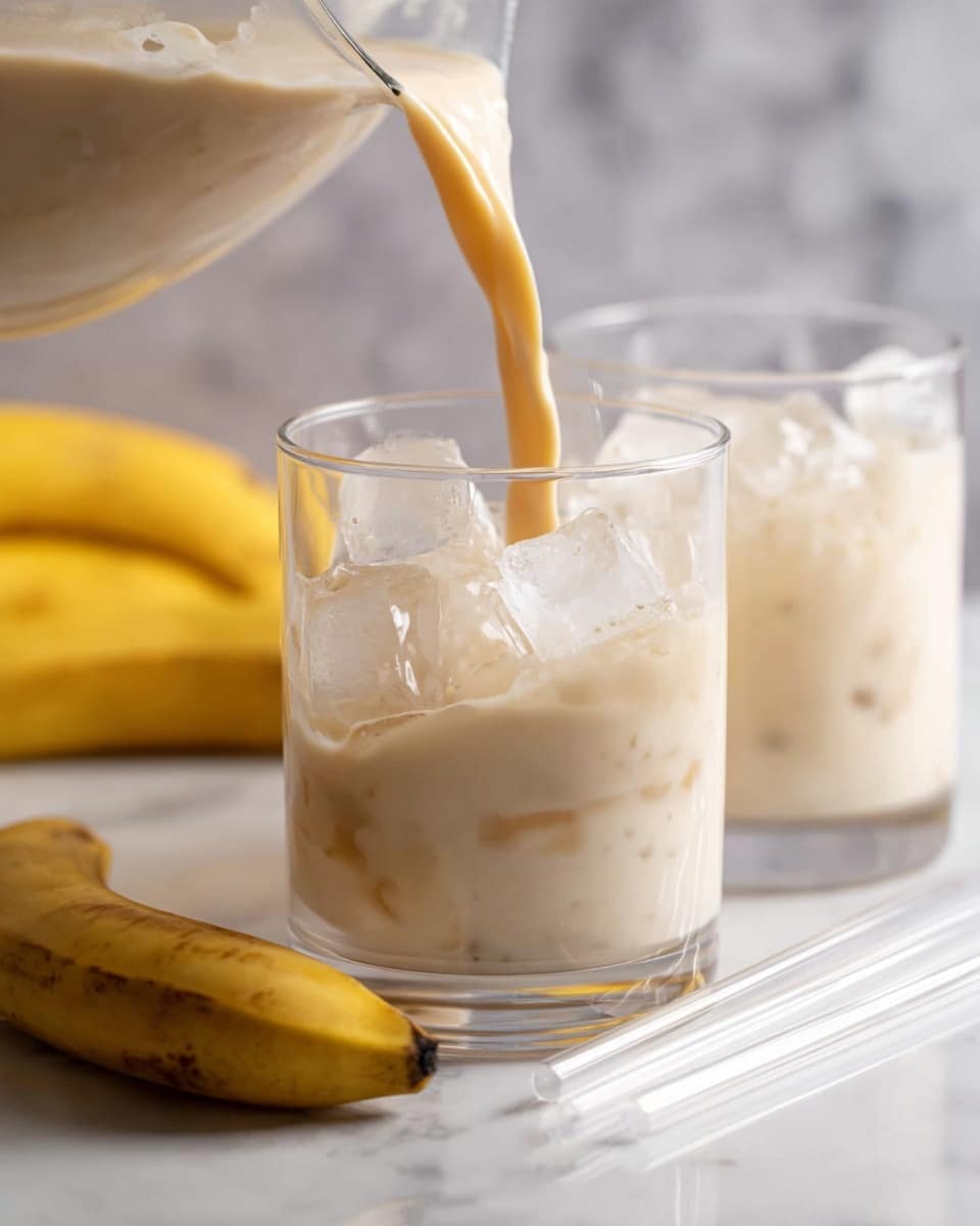 A clear glass filled with large ice cubes sits on a white marbled surface, partially filled with a light beige creamy liquid that is being poured in from a transparent container above. In the background, another glass with the same creamy drink and ice is visible, along with bright yellow bananas resting on the white marbled surface. Two clear straws lie nearby, and a ripe banana peel is placed in the foreground. The scene is softly lit, emphasizing the smooth texture and coolness of the drink. Photo taken with an iphone --ar 4:5 --v 7