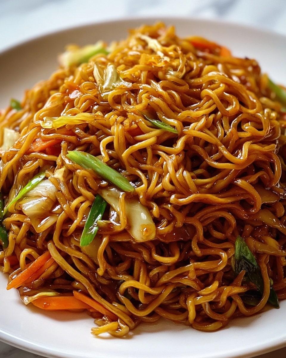 A close-up view of a large mound of stir-fried noodles sits on a white plate, showing glossy, wavy strands coated in a shiny brown sauce. Mixed in are thin slices of green onions, small orange carrot pieces, and bits of light-colored cabbage, all evenly spread throughout the noodles. The noodles look moist and piled high in the center of the plate with the vegetables peeking through. The plate is set against a white marbled surface, adding a clean background to the rich colors of the dish. photo taken with an iphone --ar 4:5 --v 7