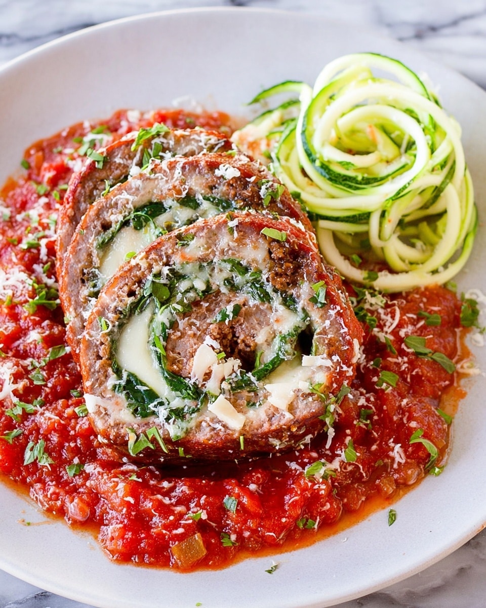 A white plate holds one thick slice of a rolled meatloaf filled with green leafy spinach and melted white cheese, showing a spiral pattern of brown meat and green inside. The meatloaf slice is placed on a bed of rich, chunky red tomato sauce with visible small bits of tomatoes and spices. To the side, there is a small stack of pale green spiralized zucchini noodles, fresh and slightly shiny. The dish is sprinkled with grated cheese and chopped green herbs on top, adding texture and color contrast. The surface under the plate is a white marbled texture. photo taken with an iphone --ar 4:5 --v 7