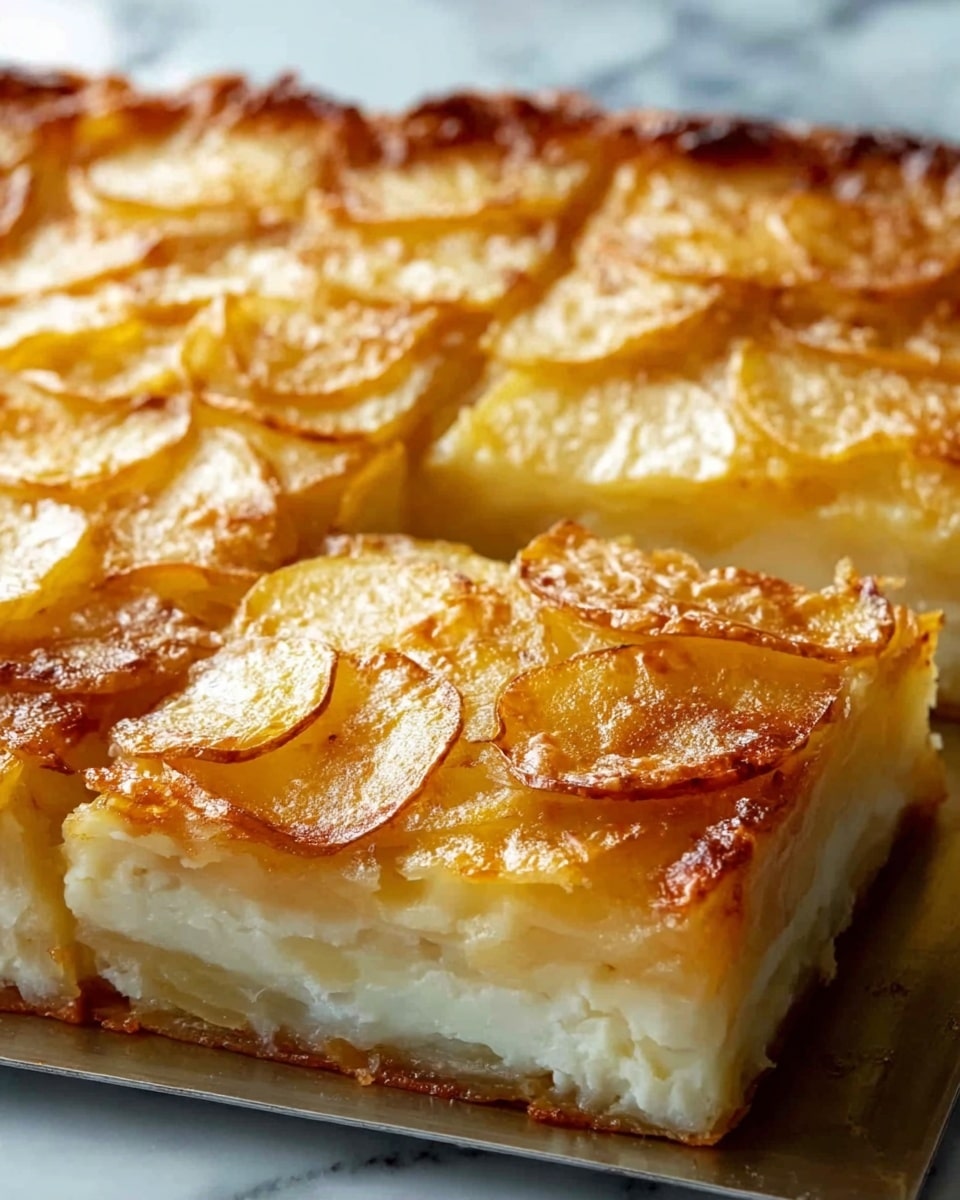 The image shows a close-up of a square, thick potato casserole cut into four pieces. The dish has two layers: the bottom layer is a creamy, soft white potato base with a smooth texture, while the top layer consists of thinly sliced golden brown potatoes with crispy edges, arranged evenly across the surface. The browned, shiny top suggests a baked, slightly crispy finish. The dish is placed on a metal baking tray with a white marbled surface in the background. photo taken with an iphone --ar 4:5 --v 7