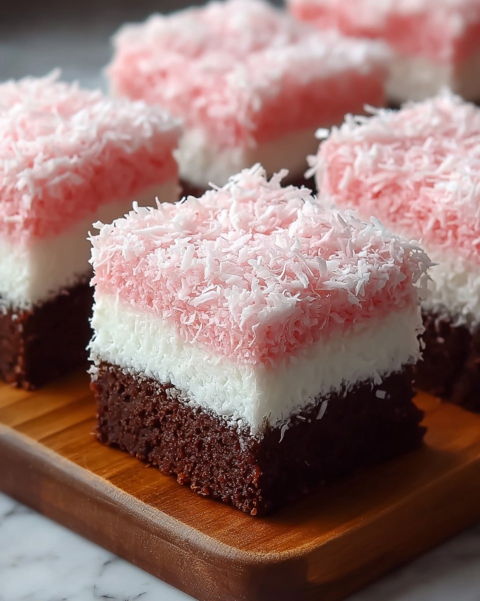 The image shows square-shaped desserts with three distinct layers placed on a wooden board set on a white marbled texture. The bottom layer is dark brown, dense, and slightly moist, resembling chocolate cake. The middle layer is white and creamy, smooth in texture, and evenly spread above the bottom layer. The top layer is pink, fluffy, and covered with shredded coconut, giving a soft and textured appearance. The desserts are arranged close to each other, showing thick and clean edges, highlighting the contrast between the three layers. photo taken with an iphone --ar 4:5 --v 7