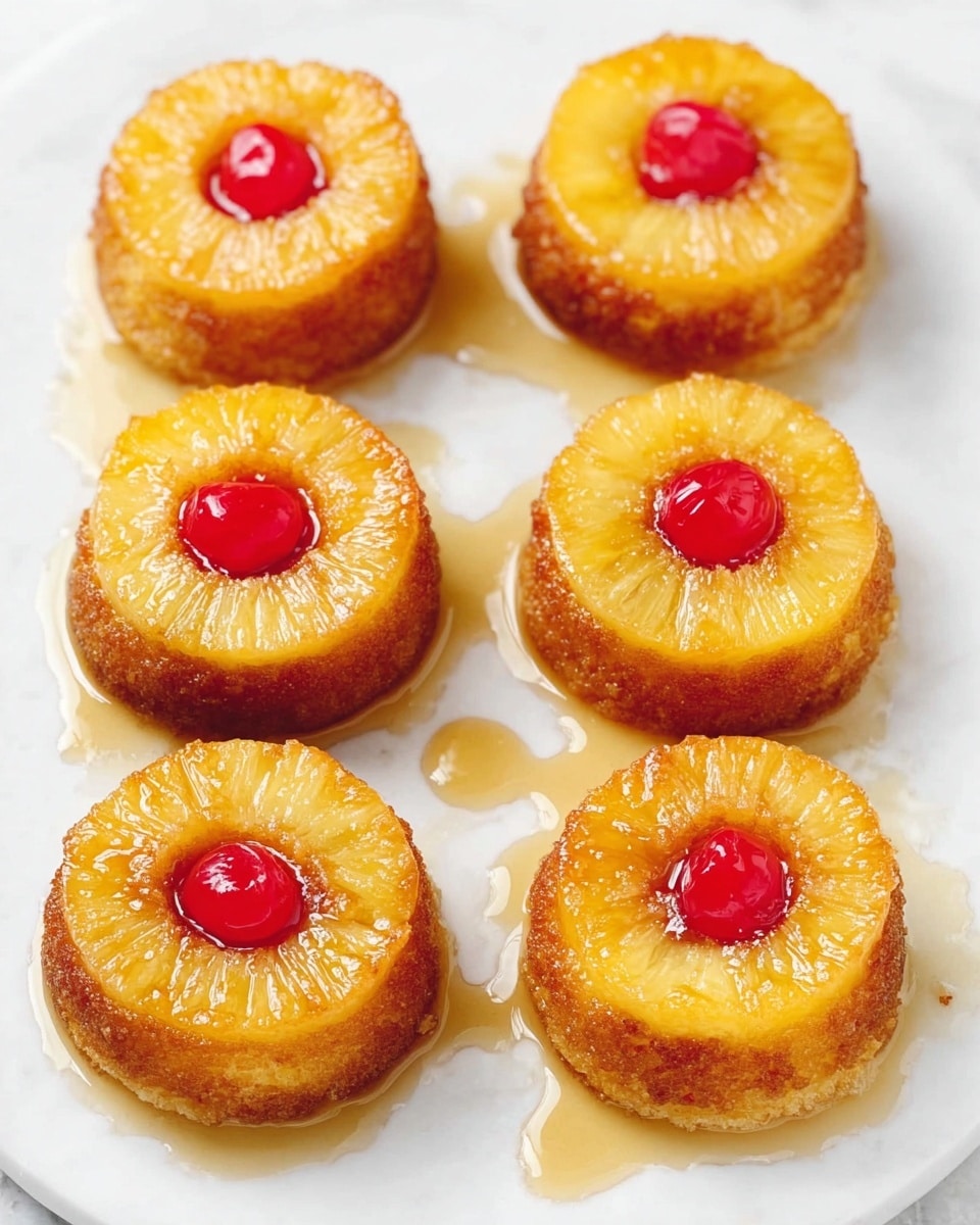 Six small round pineapple upside-down mini cakes are arranged on a white plate with a white marbled texture background. Each cake has three clear layers: the bottom layer is golden brown with a slightly crispy textured edge, the middle layer is a moist yellow cake, and the top layer is a shiny yellow pineapple ring with a bright red cherry placed in the center of the ring. A light amber glaze is drizzled over and around the cakes, creating small drops on the plate. photo taken with an iphone --ar 4:5 --v 7