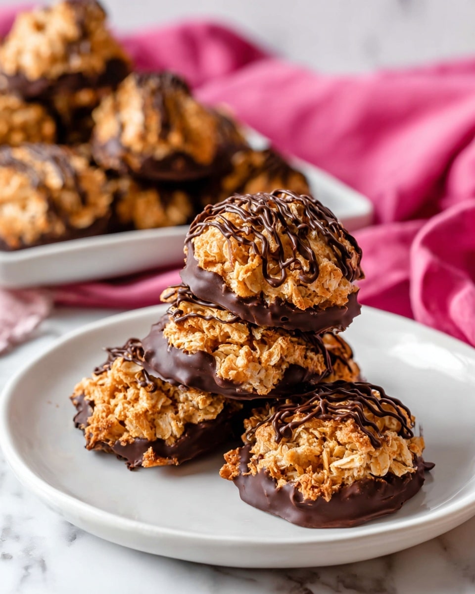 Three round cookie clusters sit stacked on a white plate, each cluster showing a rough, crunchy texture with a golden brown color. The bottom of each cluster is dipped in smooth dark chocolate, and dark chocolate is drizzled over the top in thin, uneven lines. Behind the plate, more clusters are piled on a white tray, all placed on a surface with a white marbled texture. A pink cloth is softly folded near the tray, adding a pop of color. photo taken with an iphone --ar 4:5 --v 7