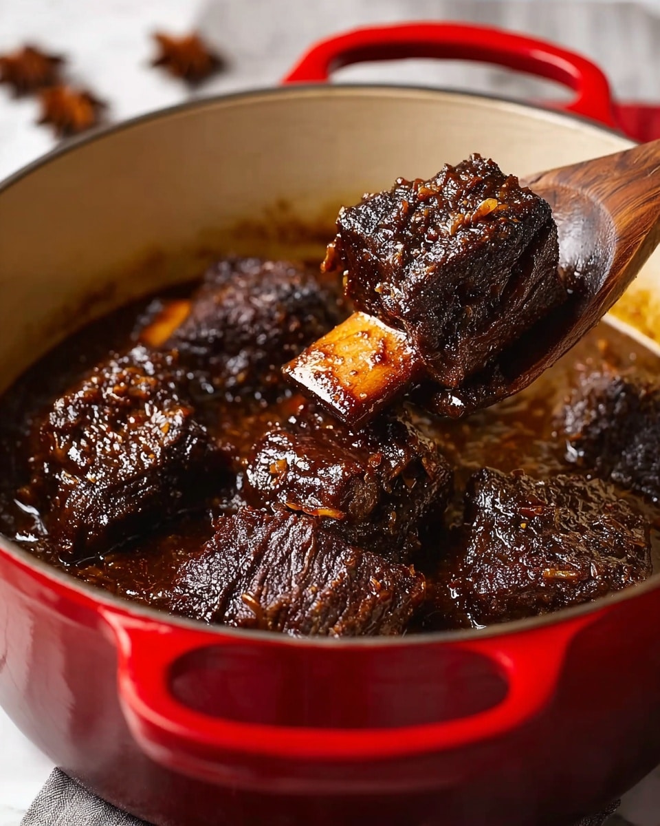 The image shows large chunks of dark, richly cooked beef ribs in a thick, glossy brown sauce inside a red enameled cast iron pot with a light cream interior. The ribs are heavily coated with a textured, sticky glaze that catches the light, highlighting bits of caramelized onions and spices clinging to the meat. A wooden spoon lifts a couple of the thick, meaty ribs above the pot, showing their dense, tender texture and the deep color of the sauce. The pot sits on a white marbled surface, with some subtle background elements blurred out, and the whole scene has a warm, homey feeling. photo taken with an iphone --ar 4:5 --v 7