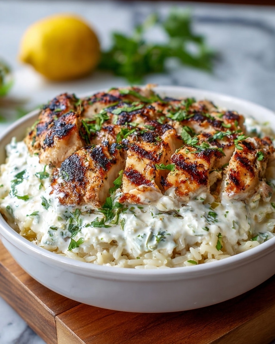 A white round dish filled with a layered meal showing grilled chicken pieces with browned and slightly charred spots on the top layer, garnished with small fresh green herb pieces. Below the chicken, there is a creamy white sauce mixed with finely chopped green herbs, covering a base of soft cooked rice or orzo that peeks through around the edges. The chicken sits partly on top of this sauce and grain mix, which has a light yellow tint in some areas from cooking. The dish rests on a wooden board, with a blurred lemon and green leaves visible in the background on a white marbled surface. Photo taken with an iphone --ar 4:5 --v 7