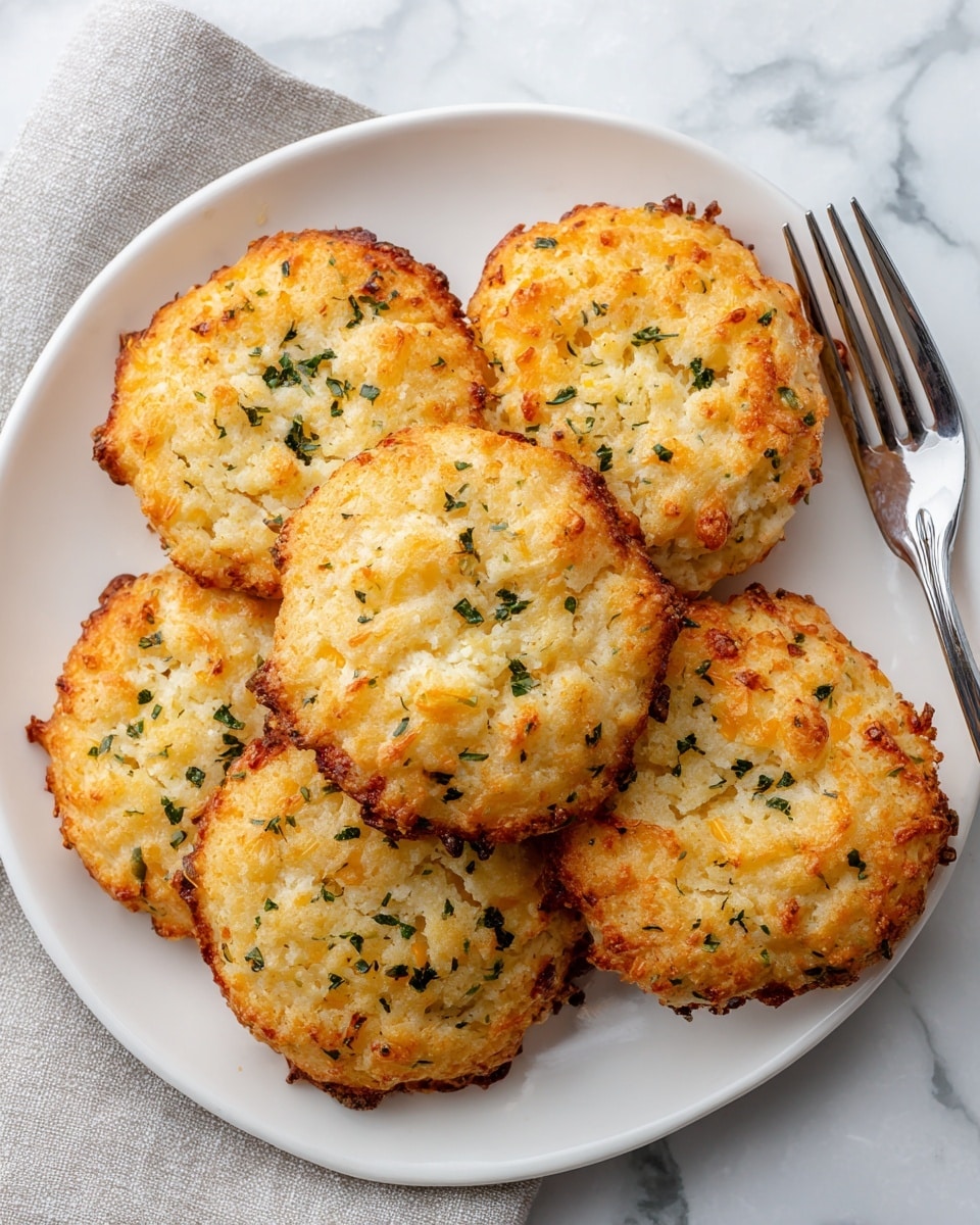 The image shows six golden brown cheese biscuits arranged closely together on a white plate. Each biscuit has a rough, textured surface with a crispy, browned top and small green herb bits scattered on them. The biscuits have a two-layer look, with a crispy outer layer and a softer, fluffy inside visible from the edges. Small bits of melted cheese add a light orange tint that mixes with the pale yellow dough. The plate sits on a white marbled texture surface, beside a fork and a light gray cloth. photo taken with an iphone --ar 4:5 --v 7