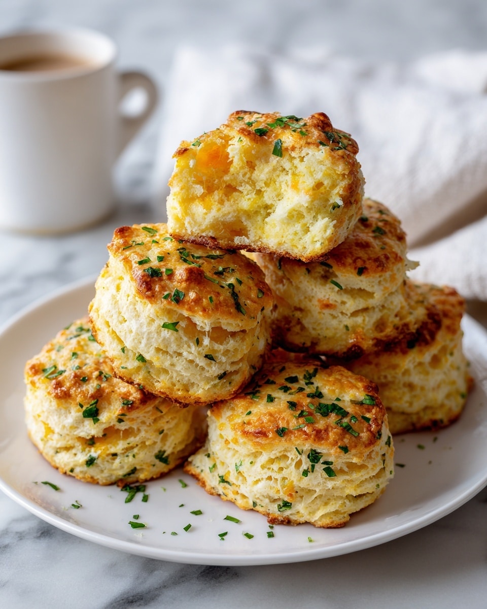 A white plate holds six golden-brown biscuits stacked in a small pile, with the biscuit on top showing a fluffy, soft texture inside and a crispy, slightly browned crust on the outside. Each biscuit is sprinkled with finely chopped green herbs, adding a fresh, colorful contrast to the warm yellow and beige tones of the baked biscuits. The plate sits on a white marbled surface with a light cloth and a white cup blurred in the background, suggesting a cozy breakfast setting. photo taken with an iphone --ar 4:5 --v 7