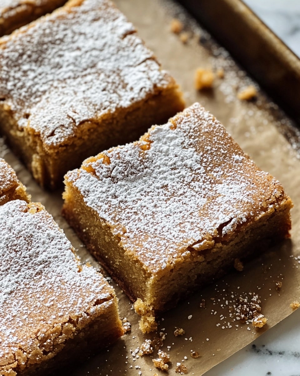 A close-up view of a square dessert cut into four even pieces, each piece showing a light brown, slightly cracked top covered with a fine dusting of white powdered sugar. The dessert appears dense and moist with a uniform texture visible on the sides and bottom layer, sitting on a parchment-lined baking tray with a few crumbs scattered around. The background features a white marbled texture surface. photo taken with an iphone --ar 4:5 --v 7