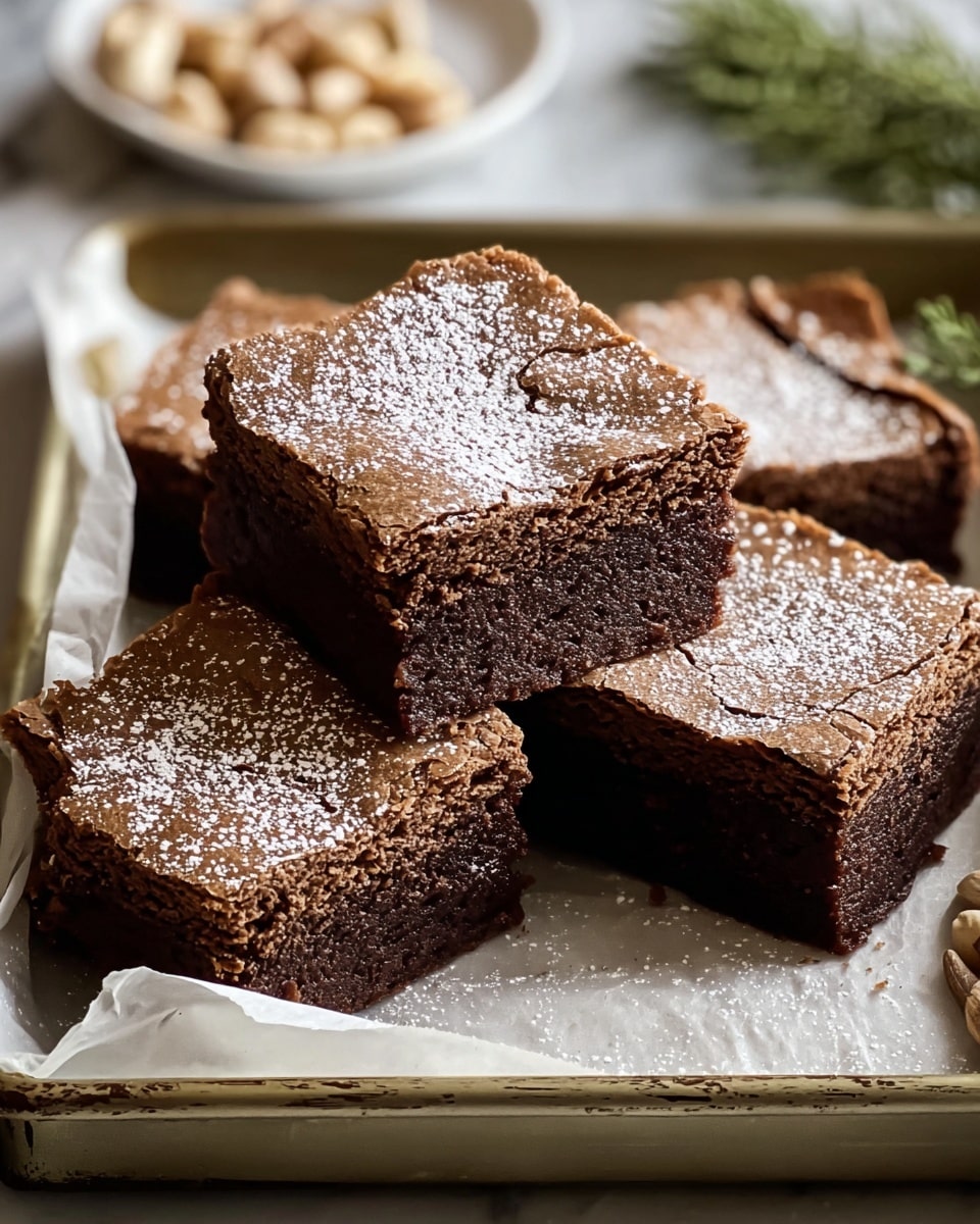The image shows four square pieces of rich, dark brown brownies with a slightly cracked top layer that is dusted with a light sprinkle of white powdered sugar. Each brownie has a thick, dense texture and stands tall on a white parchment-lined baking tray. The tray has a rustic look with slight discoloration around the edges. In the blurred background, there is a white plate with a few pieces of nuts and some greenery to the right side. The whole setup is on a white marbled surface. photo taken with an iphone --ar 4:5 --v 7