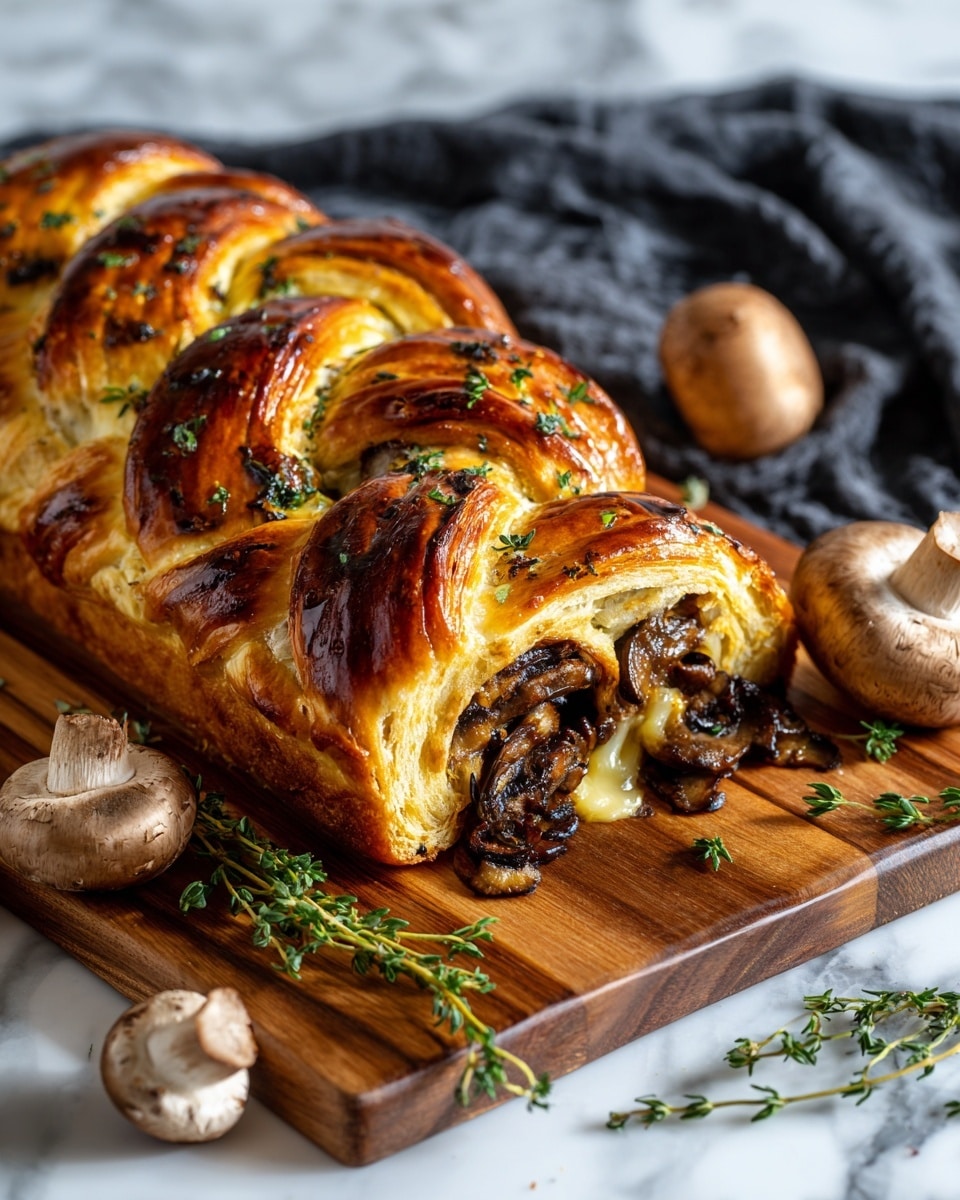 A golden-brown braided pastry rests on a wooden board, featuring a glossy, flaky crust with shiny, crisp layers that show its light, airy texture. The pastry is filled with dark brown, sautéed mushrooms mixed with creamy, melted cheese visible at the cut end. Small green thyme sprigs are scattered on and around the pastry, adding a fresh pop of color. A few whole mushrooms lie beside the pastry, enhancing the rustic presentation. The background shows a soft, dark fabric, all placed on a white marbled surface. photo taken with an iphone --ar 4:5 --v 7
