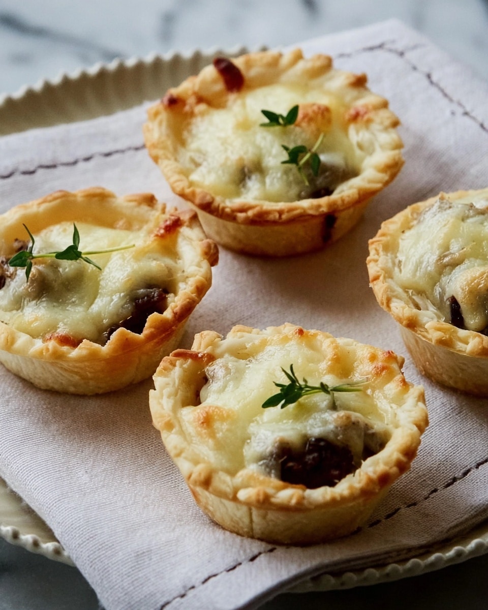 The image shows four small, round mini pies placed on a white cloth with stitched edges on a tray, set on a white marbled surface. Each mini pie has two main layers: the bottom layer is a light golden, flaky crust that forms a cup shape with a slightly scalloped edge, and the top layer is melted cheese that is creamy white with some golden brown spots, appearing bubbly and soft. Inside the pies under the cheese, there is a visible dark brown filling, likely meat, peeking out from underneath. Each pie is garnished with a few small green herb sprigs on top of the cheese, adding a fresh touch. photo taken with an iphone --ar 4:5 --v 7