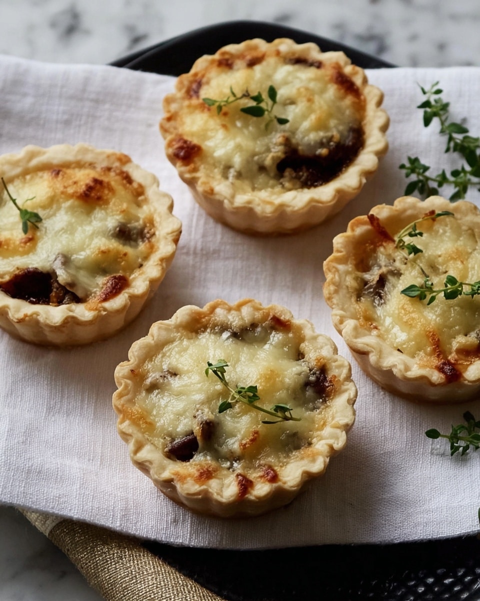 Four small savory pies sit on a white cloth atop a black tray, placed on a white marbled texture. Each pie has a light golden crust with a fluted edge, filled with a dark brown filling and topped with melted, slightly browned cheese that looks soft and bubbly. Small green herb sprigs decorate the tops of the pies, adding a fresh touch. The pies vary slightly in shape and cheese coverage, showing some texture and crispness on the crust edges. Photo taken with an iphone --ar 4:5 --v 7