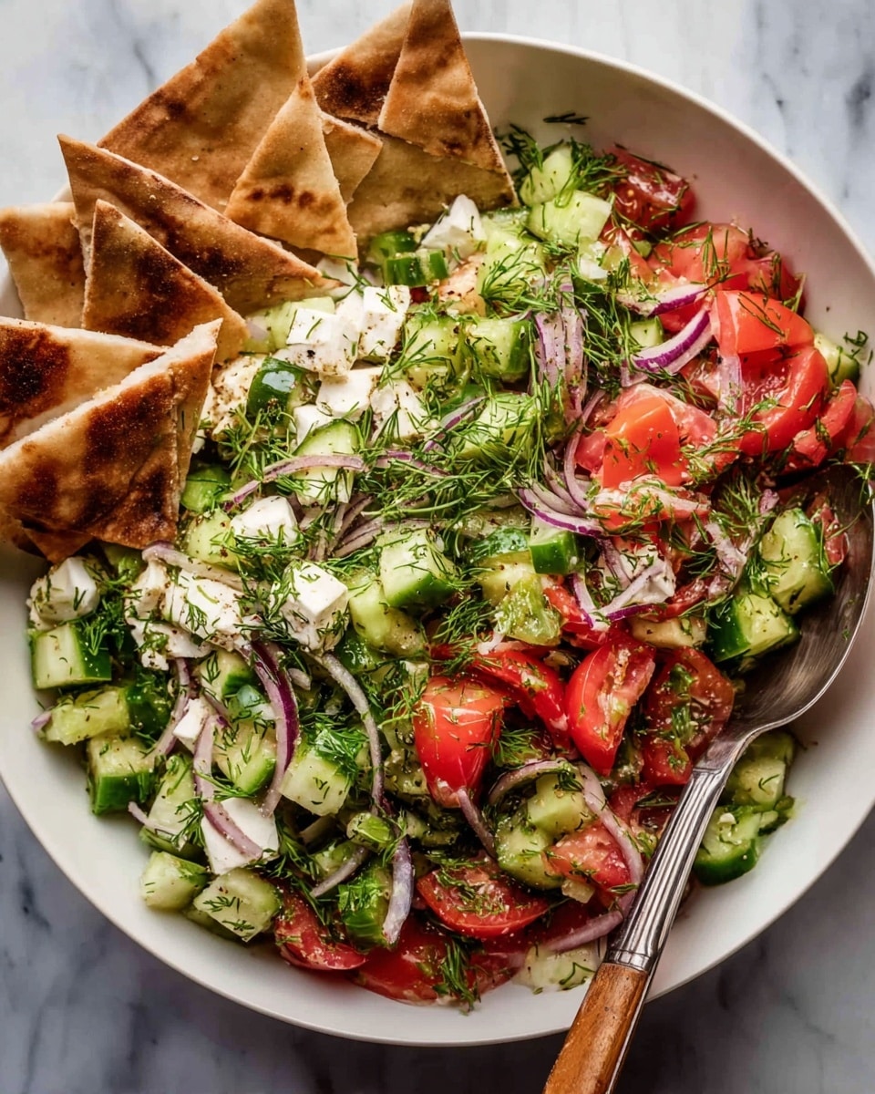 A white bowl filled with a fresh salad that has three visible layers: the base layer has bright red tomato pieces and green cucumber chunks, the middle layer has thin pale purple onion rings mixed with chopped herbs and green celery, and the top layer has scattered white chunks of cheese and fresh dill sprigs. On the left edge of the bowl, there are four triangular pieces of toasted pita bread stacked slightly on top of each other. A silver fork with a brown wooden handle rests inside the bowl on the right side. The bowl is placed on a white marbled surface. photo taken with an iphone --ar 4:5 --v 7