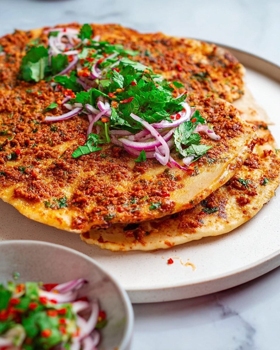 Two thin flatbreads are stacked on a large white plate placed on a white marbled surface. The top flatbread is covered with a reddish-brown spicy meat mix, textured with small bits of red and green herbs and spices spread evenly across it. On the upper side of the flatbread, there is a scattering of fresh green parsley leaves and thin slices of light purple onion. Some red chili flakes are lightly sprinkled over the top, adding color contrast. In the front bottom left, there is a partially visible white bowl with more onion and parsley mix. photo taken with an iphone --ar 4:5 --v 7
