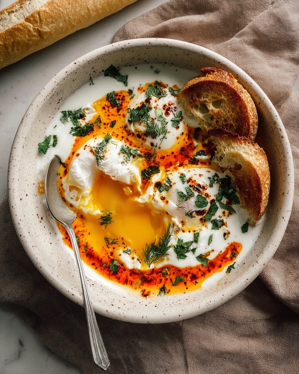 The dish shows a white speckled bowl filled with a creamy white yogurt-like base adorned with fresh green herb leaves sprinkled on top. There are two main poached eggs in the center, one of which is broken, revealing a bright golden yellow runny yolk that oozes into the surrounding sauce. A reddish-orange chili oil is drizzled artistically over the eggs and yogurt, adding vibrant warmth and texture with small charred spots. Two pieces of toasted bread with a golden-brown crust lean on the side of the bowl. A silver spoon rests inside the bowl near the broken yolk. The bowl is placed on a grayish taupe cloth, and a white marbled surface is visible underneath, with a white baguette partially visible in the top left corner. Photo taken with an iphone --ar 4:5 --v 7