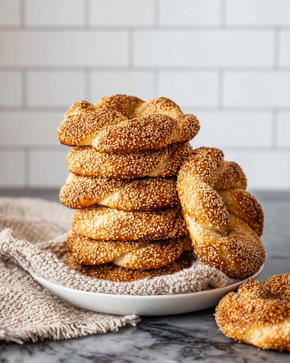 A tall stack of seven twisted sesame-covered bread rings sits on a round white plate with a beige knitted cloth partially under them; the bread rings are golden brown with a rough texture from the sesame seeds covering their surfaces, each ring having visible twists and a light crusty look. Another single bread ring rests leaning on the right side of the plate. The background features a white tiled wall, and the surface beneath the plate has a white marbled texture. photo taken with an iphone --ar 4:5 --v 7