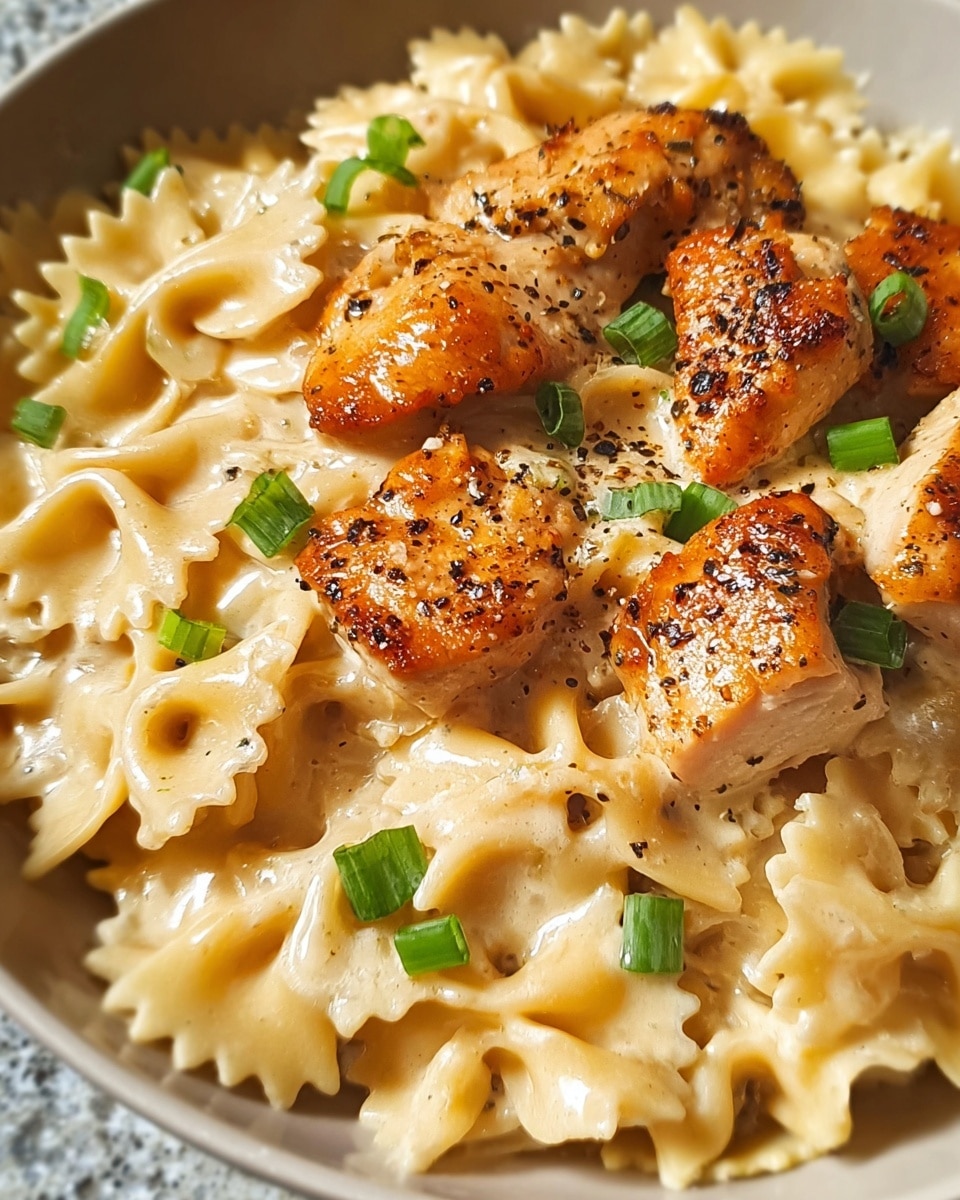 A close-up view of a black bowl filled with creamy pasta made of spiral rotini noodles in a pale yellow cheese sauce. On top, there are several pieces of golden-brown grilled chicken chunks scattered evenly, seasoned with black pepper and small bits of green garnish for color contrast. The texture of the pasta looks smooth and saucy, while the chicken has a slightly crispy, charred surface. The bowl sits on a white marbled surface. photo taken with an iphone --ar 4:5 --v 7