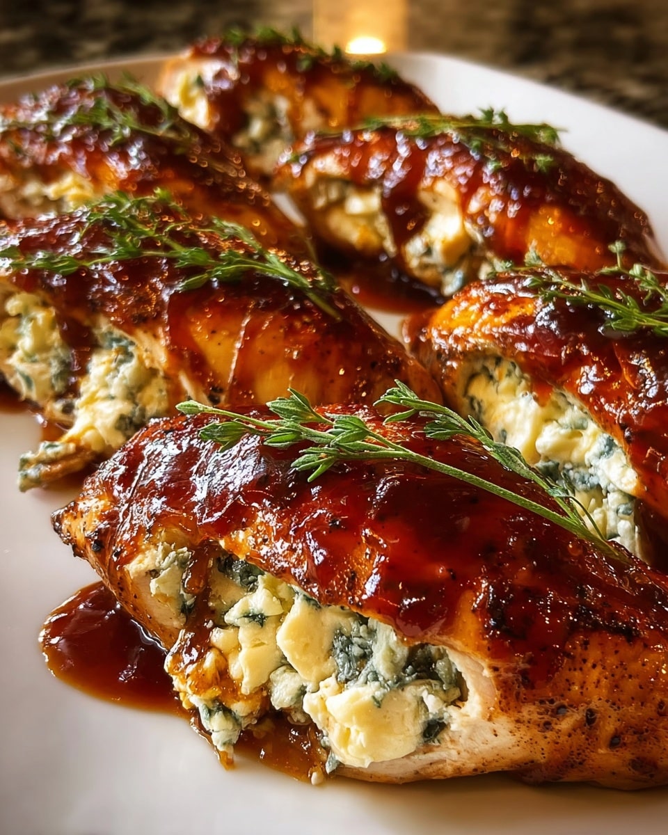 A close-up view of several cooked chicken breasts arranged in rows on a white plate, each breast stuffed with a creamy white cheese mixed with blue veins visible inside. On top of every chicken piece is a thick, glossy dark reddish-brown sauce giving a sticky texture, with some fresh green herb sprigs placed as garnish on each piece. The white plate sits on a white marbled surface with a warm focus highlighting the rich colors and textures of the dish. photo taken with an iphone --ar 4:5 --v 7