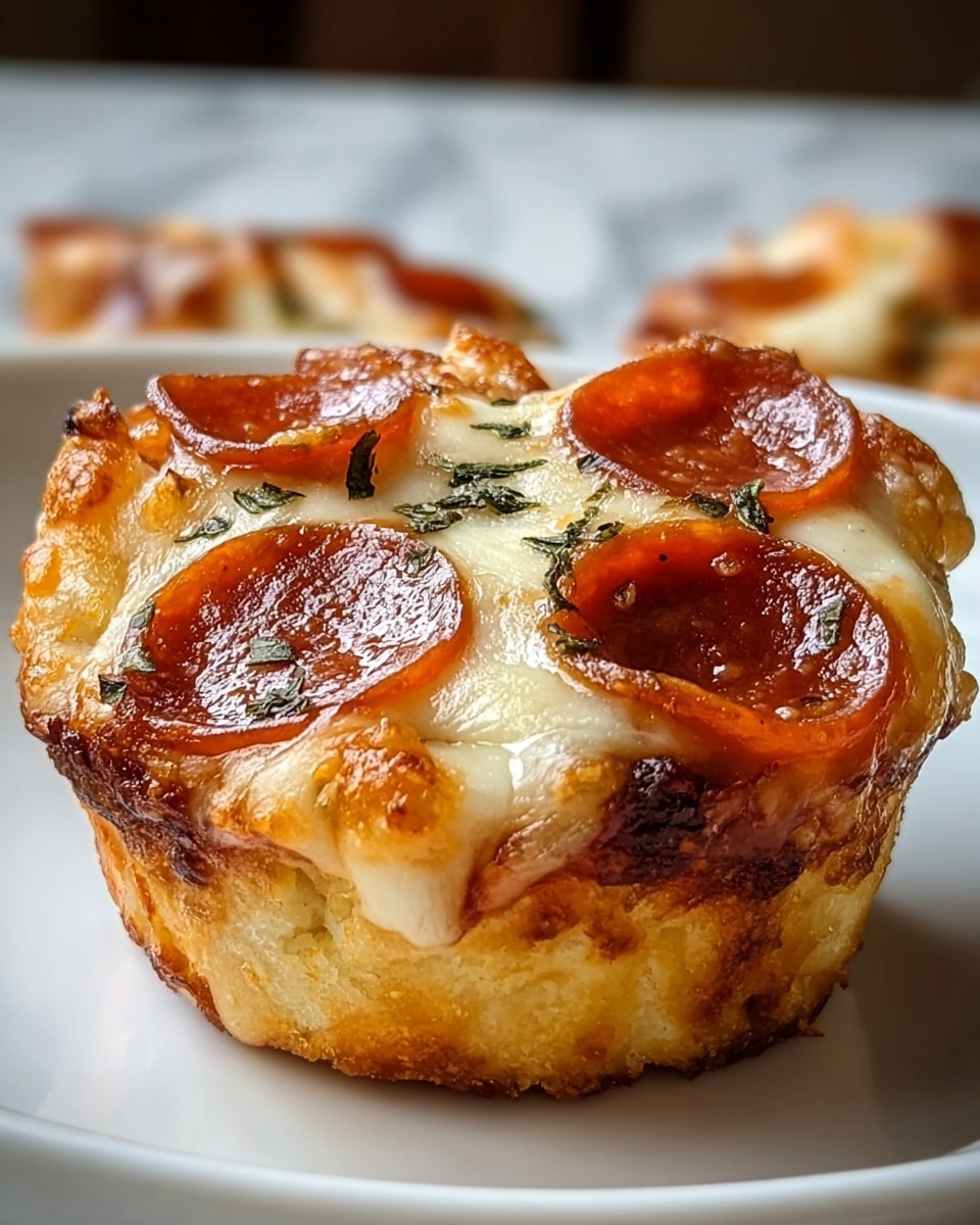 A close-up of a small pizza muffin sits centered on a white plate with a white marbled surface blurred in the background. The muffin has three main layers: a light golden flaky dough base with crispy browned edges, a middle thick layer of melted cheese that is creamy white and slightly bubbly, and a top layer with several round, glossy reddish-brown pepperoni slices evenly spread across the cheese, along with small bits of green herbs scattered. The edges of the cheese have browned to a golden color, adding texture to the top. photo taken with an iphone --ar 4:5 --v 7