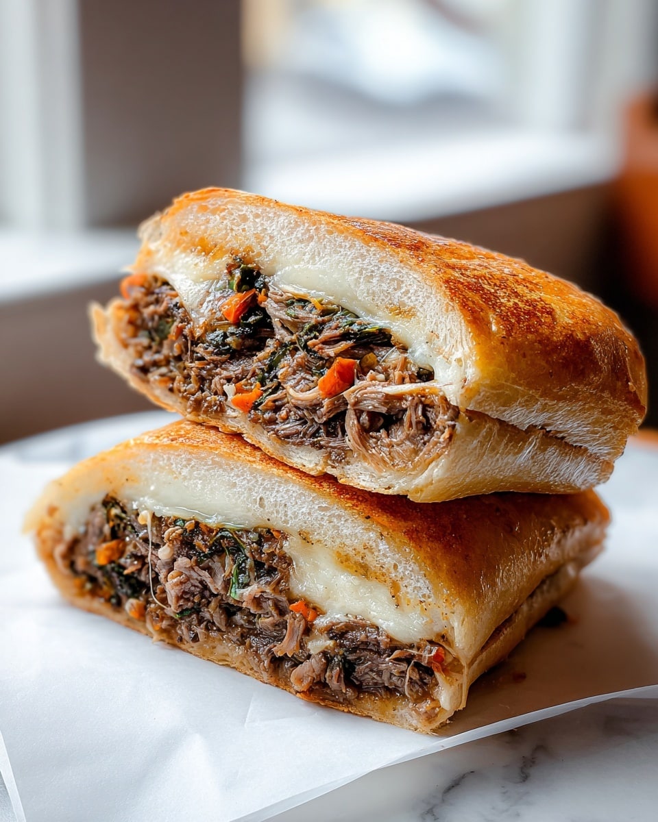 This image shows a sandwich cut in half and stacked on a white marbled surface. The sandwich has three main layers inside a soft, golden toasted roll with a light crispy crust. The bottom layer is a mix of shredded cooked beef with a dark brown, slightly charred texture. Above that, there are bits of orange shredded carrots and some green leafy vegetables adding color and freshness. The top layer has melted white cheese that looks gooey and smooth, mixing with the beef and veggies. The bread is thick, light beige inside, and shows a soft, airy texture. photo taken with an iphone --ar 4:5 --v 7