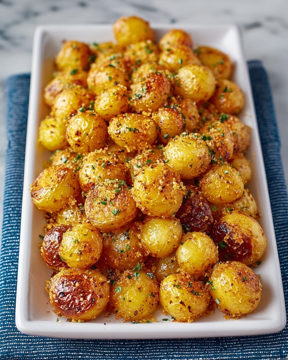 A white rectangular dish filled with a pile of roasted small golden-yellow potatoes, with some having a crispy, browned, and slightly charred texture on their surface. The potatoes are covered unevenly with a fine layer of golden-brown seasoning and small green herb bits scattered throughout, giving a textured look with a mix of smooth and crunchy spots. The dish rests on a blue and white striped cloth over a white marbled surface. photo taken with an iphone --ar 4:5 --v 7