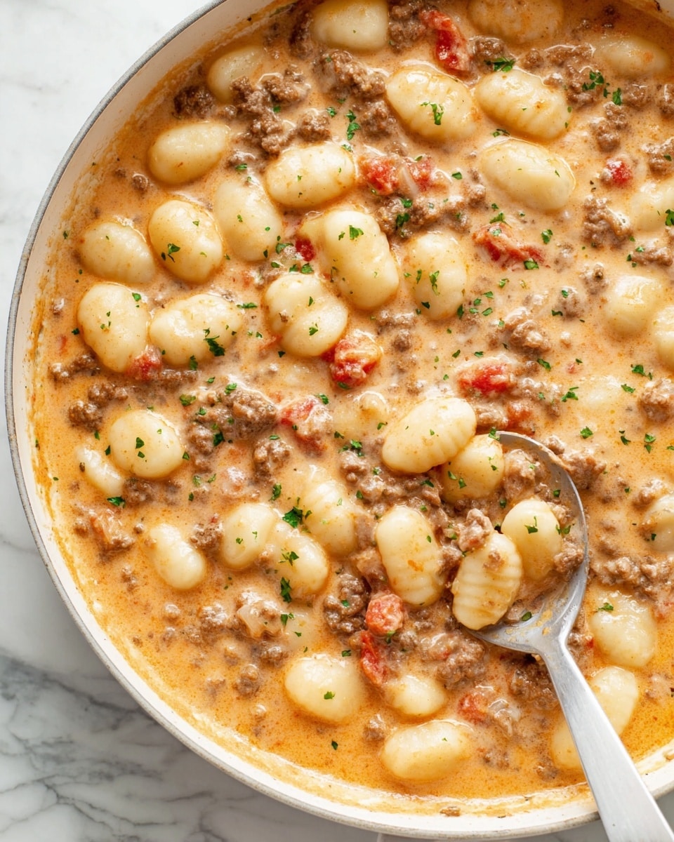 The image shows a close-up of a creamy gnocchi dish in a large white pan on a white marbled surface. The dish has three main layers: plump, soft gnocchi that are off-white with a smooth texture, a thick sauce layer that is pale orange and creamy, mixed with small bits of cooked ground meat and diced onions, and small pieces of red tomato spread evenly throughout. The dish is garnished with finely chopped green herbs sprinkled on top, adding a touch of color. A white spoon is partially dipped into the dish, scooping a portion while resting in the pan. Photo taken with an iphone --ar 4:5 --v 7