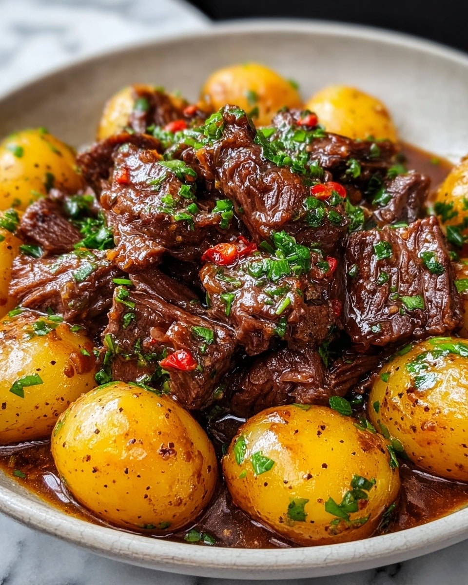 A close-up view of a bowl filled with a stew-like dish featuring two main layers: the bottom layer consists of shiny, cooked small potatoes with a golden-yellow color, speckled with chopped green herbs and some dark seasoning spots; the top layer is a generous pile of tender, dark brown chunks of beef coated in a rich, glossy sauce with visible bits of red pepper and finely chopped green herbs scattered throughout. The bowl is white, set on a white marbled surface. The overall texture looks moist and savory with vibrant green garnishes adding a fresh contrast. Photo taken with an iphone --ar 4:5 --v 7