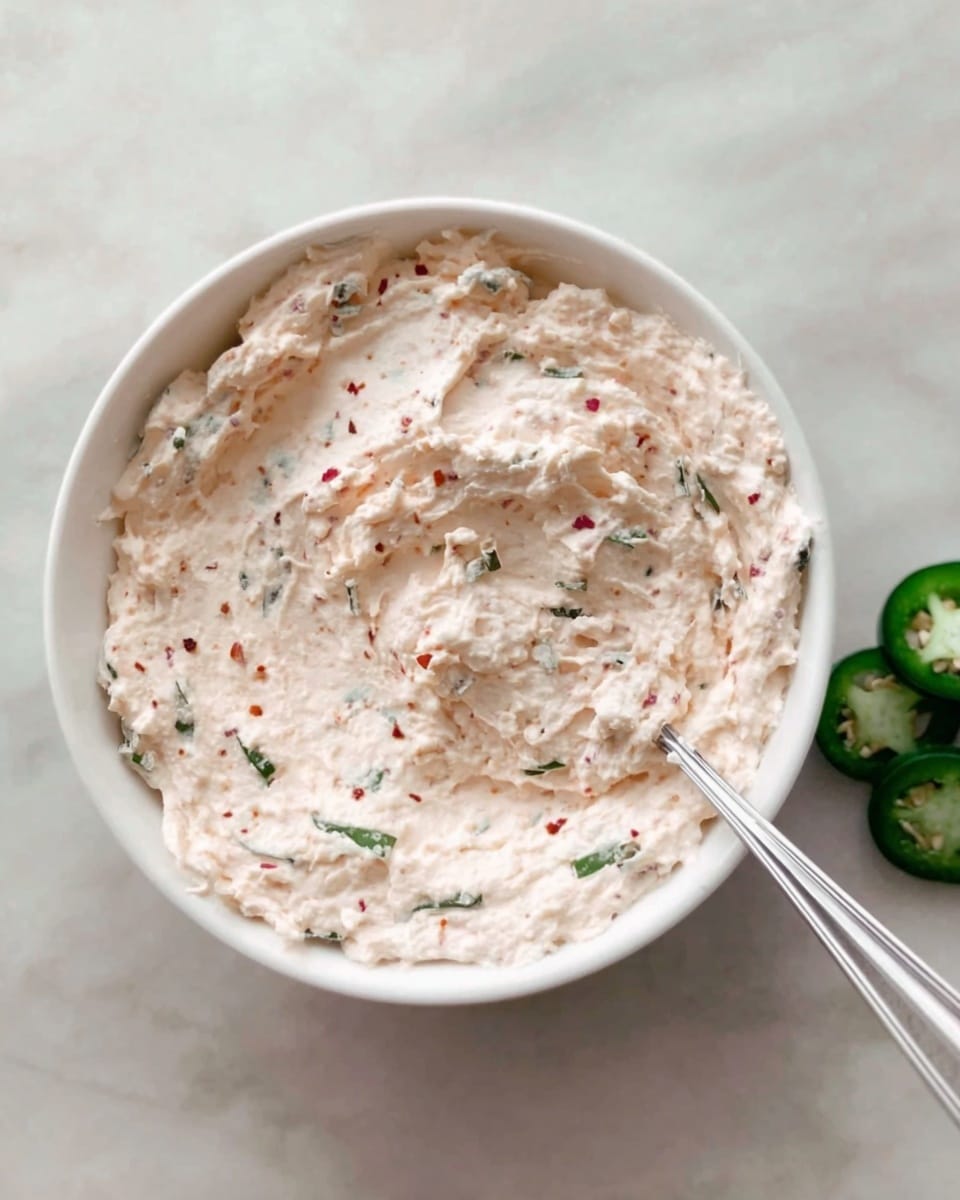 A white bowl filled with a creamy, light pink spread that has a slightly rough texture with visible small green herb pieces and tiny red flakes mixed throughout, and a silver spoon resting inside the bowl on the right side; the bowl is placed on a white marbled surface with two slices of green jalapeño pepper near the bottom right edge. photo taken with an iphone --ar 4:5 --v 7