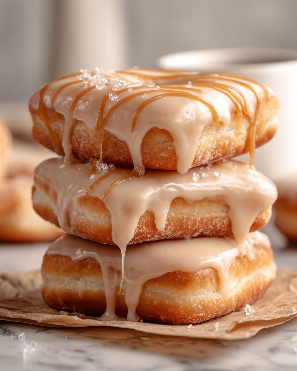 A stack of three square doughnuts with a golden-brown, soft texture is shown, each doughnut topped with a thick, glossy light beige glaze that drips down the sides. The glaze has a smooth, creamy look with streaks of caramel-colored drizzle on top. Small sugar crystals sprinkle over the glaze adding a bit of sparkle. The doughnuts are placed on a piece of brown parchment paper over a white marbled surface, with a blurred white coffee cup in the soft background. photo taken with an iphone --ar 4:5 --v 7