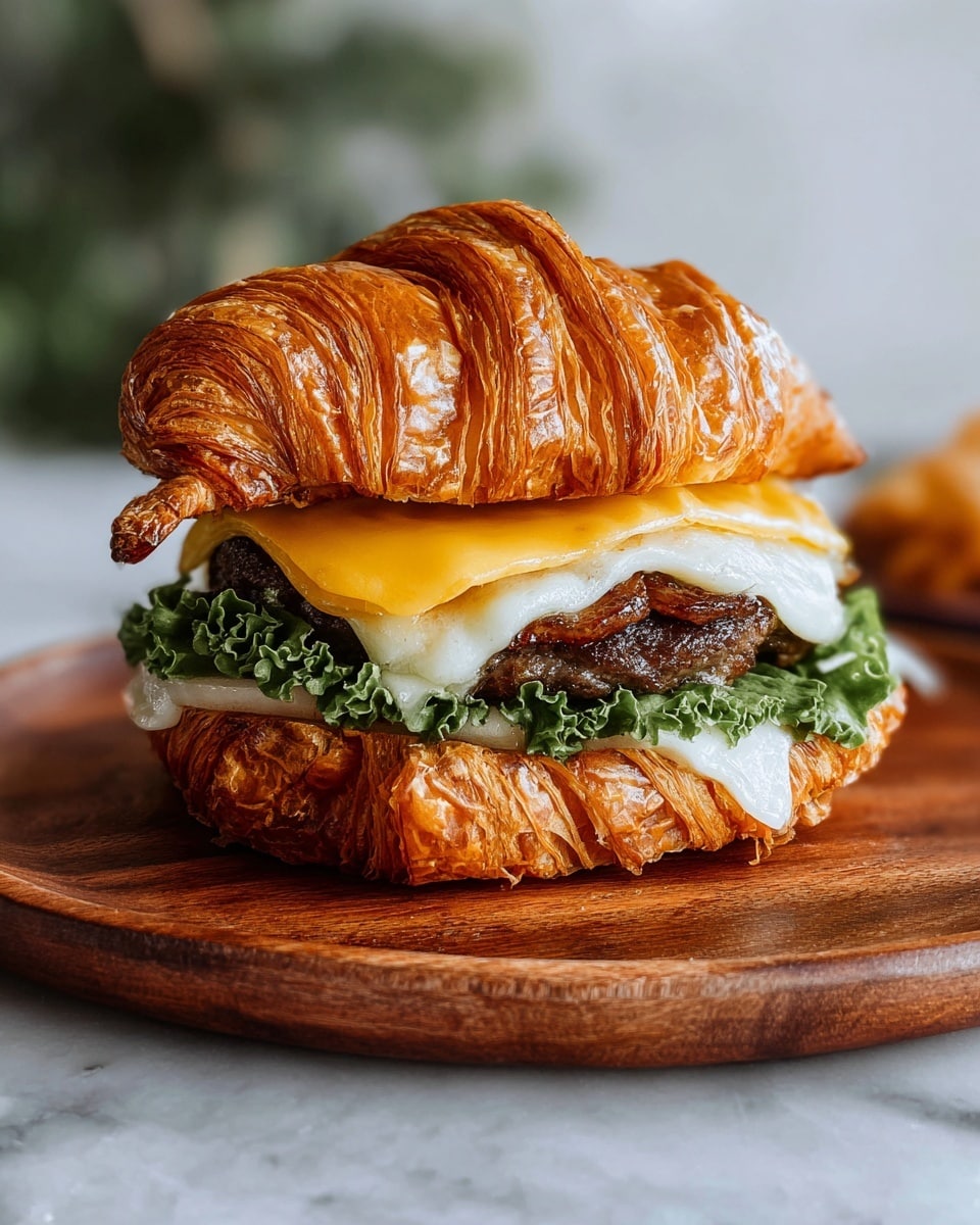 A close-up view of a sandwich with a golden brown, flaky croissant top and bottom. The sandwich has five visible layers: at the bottom, green leafy lettuce with a leafy texture; above it, a slice of white onion showing a crisp look; next, a layer of melted yellow cheddar cheese covering a cooked, browned beef patty with a slightly crispy texture; followed by another cooked beef patty topped with white melted cheese that drapes over the edges; all stacked inside the shiny flaky croissant. The sandwich sits on a round wooden plate on a white marbled surface, with soft natural lighting and a blurred background. Photo taken with an iphone --ar 4:5 --v 7