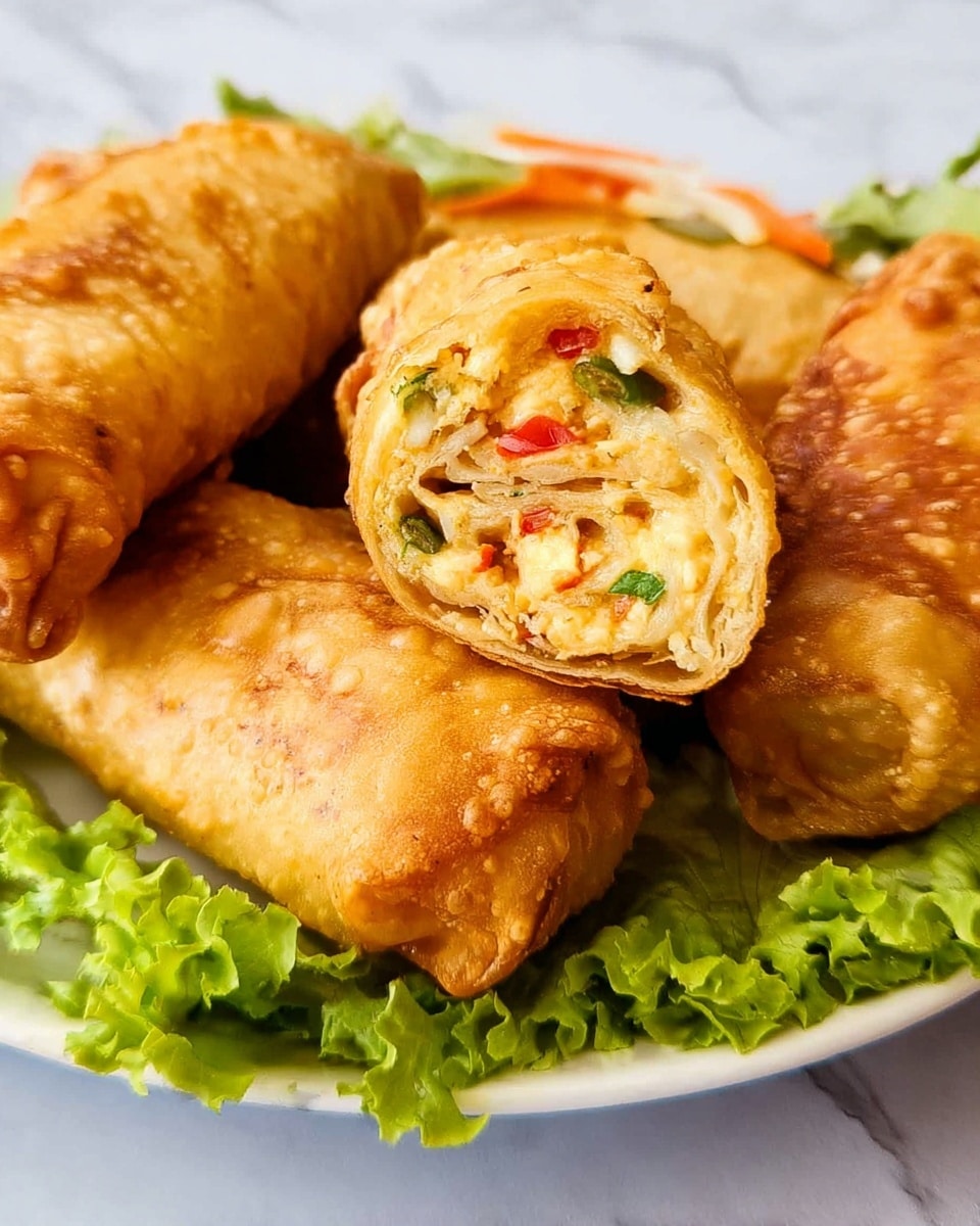 The image shows three golden-brown fried rolls placed on a bed of fresh green lettuce. One roll is cut open, revealing three visible layers of thin, crispy fried dough, with a creamy filling inside that has a light yellow color with small bits of red and green vegetables mixed in. The rolls have a slightly shiny and crispy texture on the outside, while the inside looks soft and moist. The dish is presented on a white plate resting on a white marbled surface. photo taken with an iphone --ar 4:5 --v 7