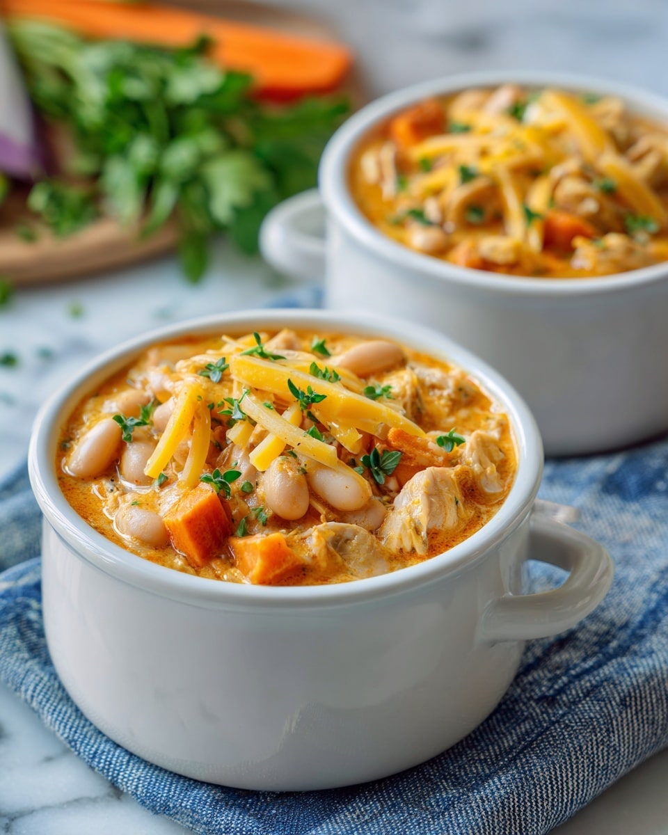 Two white small pots filled with chunky stew sit on a blue striped cloth over a white marbled surface. The stew has a thick, creamy orange base and contains white beans, diced orange vegetables, and pieces of chicken. On top, scattered thin yellow cheese strips and small green herb leaves add color contrast. The background is blurred with hints of fresh green herbs and sliced vegetables. photo taken with an iphone --ar 4:5 --v 7