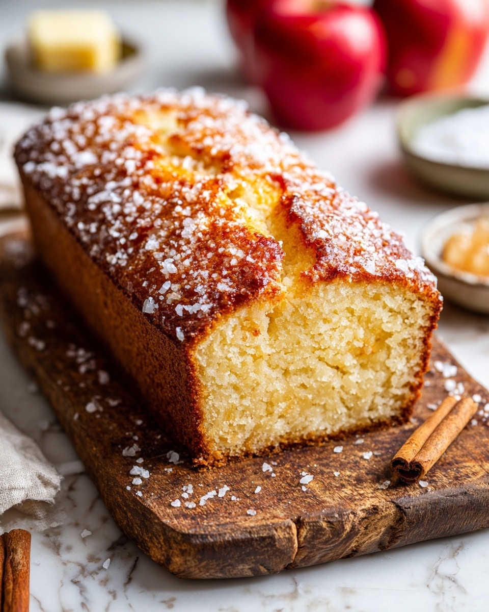 A loaf cake with a golden-brown crust covered in coarse sugar crystals sits on a rustic wooden board, showing a slightly cracked top with a soft, light yellow inside visible through the cracks. The texture looks moist and dense with small speckles throughout the cake. Around the cake on the board are some scattered sugar crystals. In the blurred background on a white marbled surface, there are two bright red apples, a cinnamon stick, and small bowls of sugar and butter, adding warm and cozy tones to the scene. photo taken with an iphone --ar 4:5 --v 7