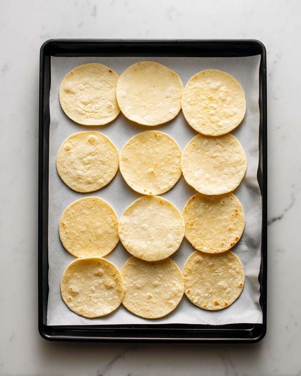 The image shows a black baking tray covered with white parchment paper, placed on a white marbled surface. On the tray, there are ten small round flatbreads or tortillas, evenly spaced out in rows. Each flatbread is pale yellow with slightly golden brown edges and a soft, smooth texture. Some have a few small holes in the center, and all are thin with a slightly raised edge. The flatbreads appear lightly baked with an even, soft color. photo taken with an iphone --ar 4:5 --v 7