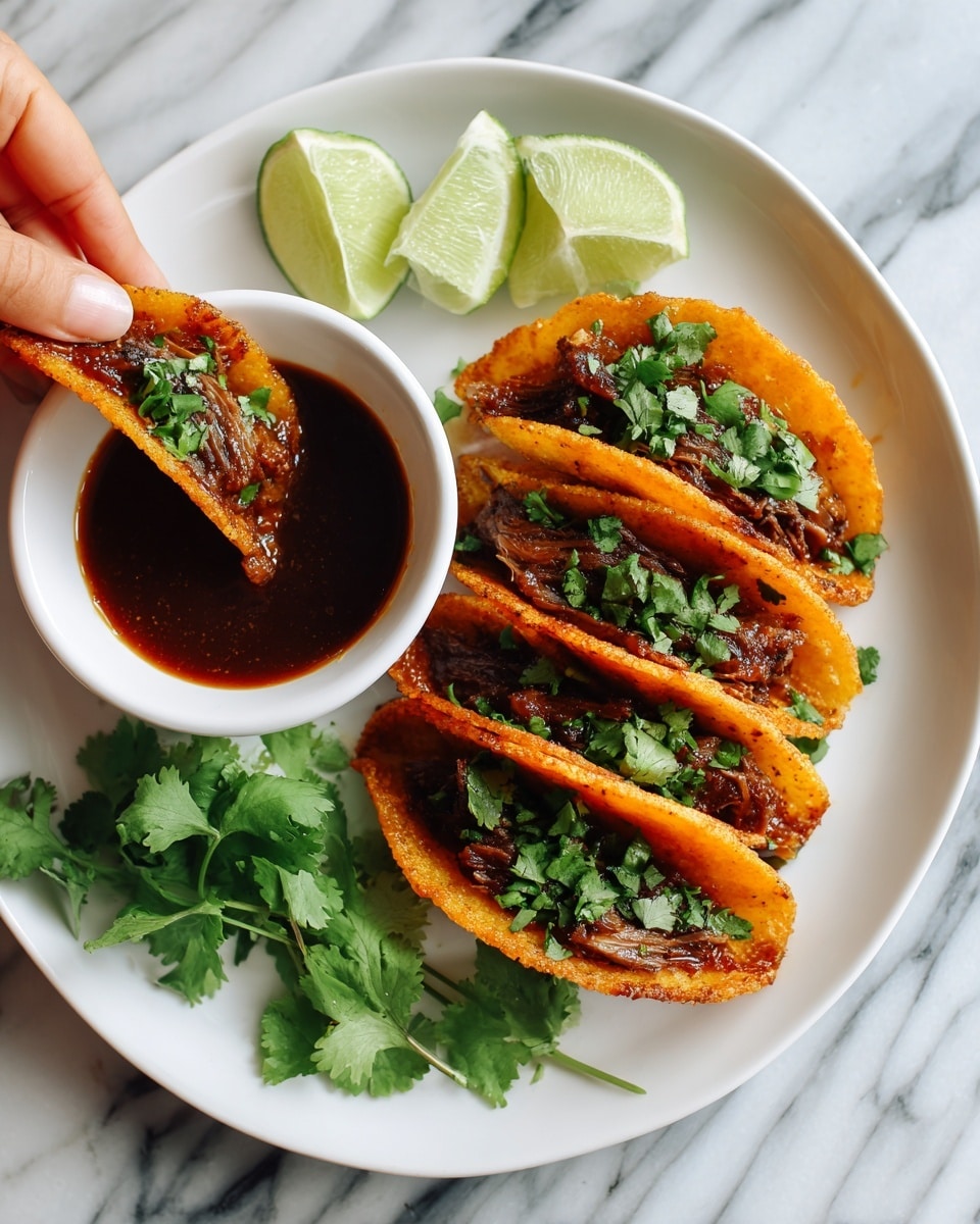 A white plate on a white marbled surface holds three small tacos with orange, slightly crispy shells. The tacos are filled with dark brown pieces of meat and topped with green cilantro leaves. Inside the plate is a small white cup filled with dark red-brown dipping sauce. A woman's hand is lifting one taco and dipping it halfway into the sauce. On the side of the plate, there are two wedges of lime with bright green skin and light green flesh. Fresh cilantro leaves provide a green contrast on the plate. photo taken with an iphone --ar 4:5 --v 7