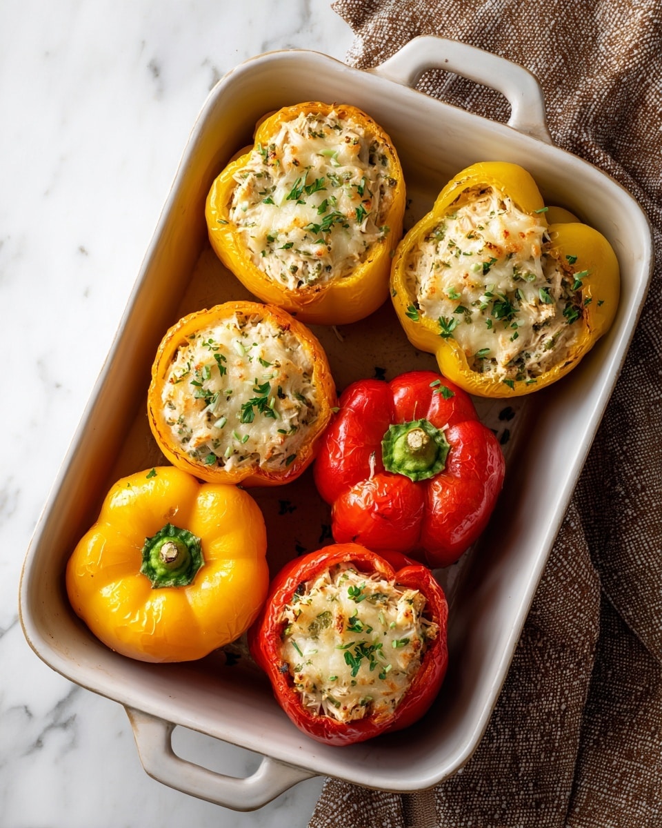 A white baking dish holds six stuffed bell peppers, three yellow and three red, arranged in two rows of three. Each pepper is halved and filled with a creamy, shredded chicken mixture that has visible green herbs or chopped green onions mixed in. A light layer of melted cheese tops each stuffed pepper, giving a slightly browned, soft texture. The stems of the peppers are intact, adding a natural green accent to the dish. The dish is placed on a white marbled texture with a brown and white cloth nearby for contrast. Photo taken with an iphone --ar 4:5 --v 7