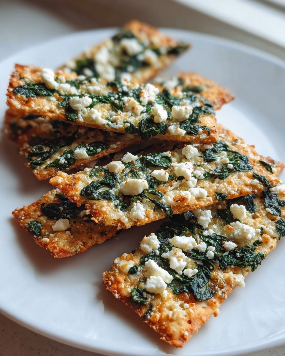 The image shows a white plate with five rectangular crackers stacked in a slightly scattered way. Each cracker has a golden-brown base with a crispy texture, topped with scattered dark green spinach leaves and small white crumbles of cheese evenly spread across the surface. The edges of the crackers appear crunchy and slightly browned. The background is a white marbled texture with soft natural light coming from a nearby window. photo taken with an iphone --ar 4:5 --v 7