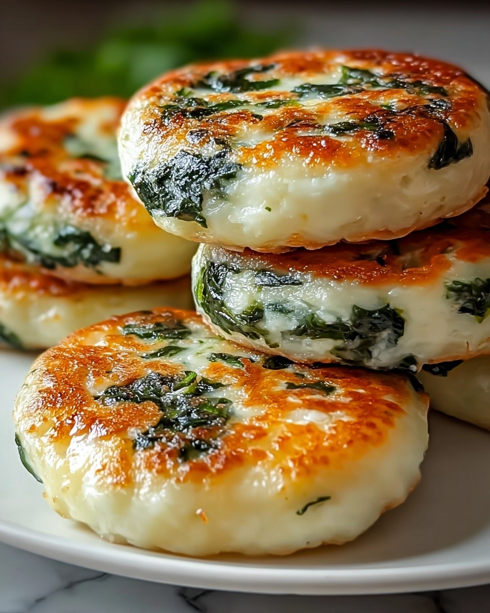 A close-up view of four thick, round patties placed stacked on a white plate, each patty showing a glossy, golden-brown crust with patches of vibrant dark green spinach embedded within a creamy white dough. The texture looks soft and slightly chewy, with the spinach evenly dispersed throughout each patty, giving an appealing contrast of colors and a subtle pattern. The plate sits on a white marbled surface with blurred hints of green in the background, highlighting the patties' warm, inviting look. photo taken with an iphone --ar 4:5 --v 7