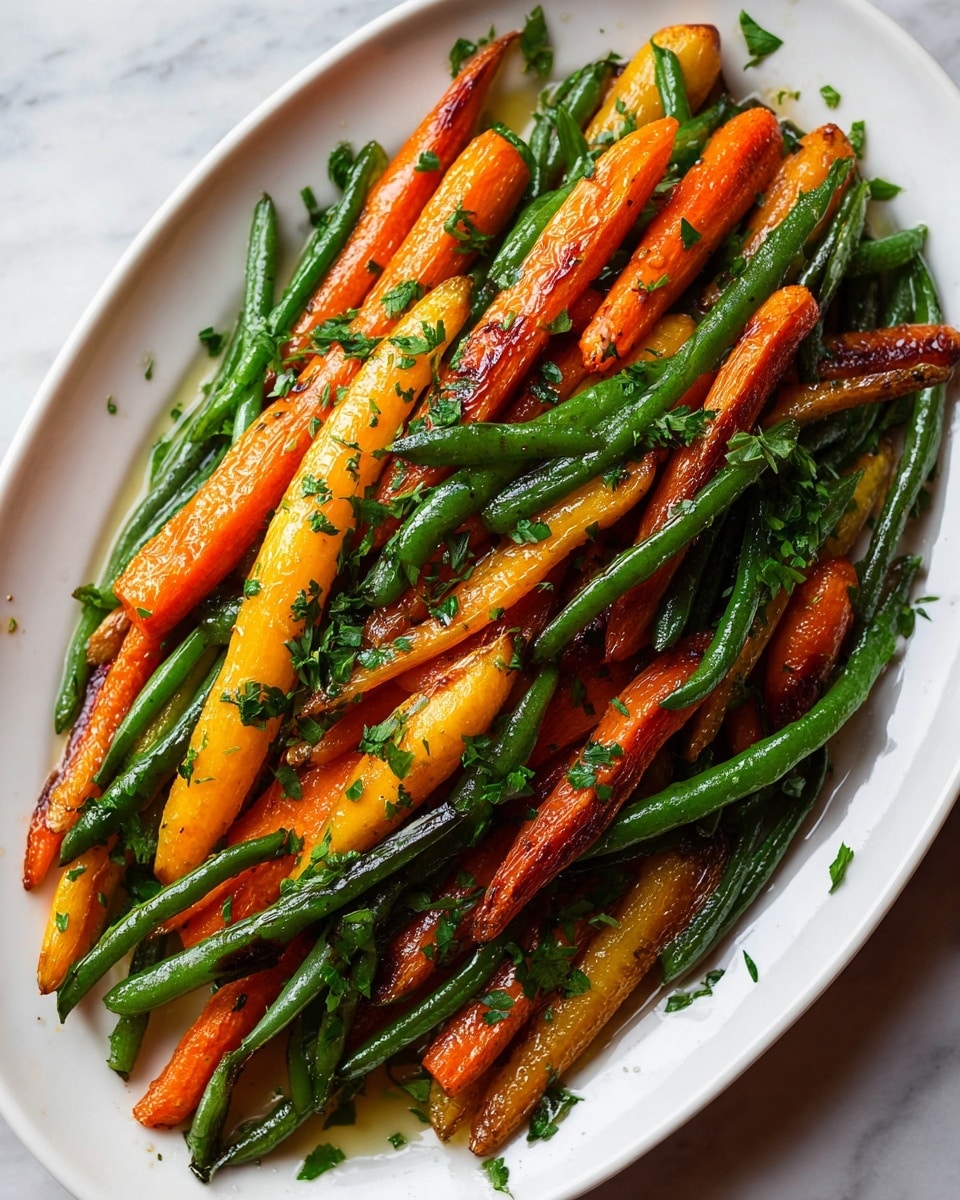 A white oval plate is filled with two layers of roasted carrots and green beans. The bottom layer has bright orange and yellow carrots with a lightly charred texture. The top layer has shiny green beans mixed with more roasted carrots. The vegetables are sprinkled with small pieces of fresh green herbs scattered evenly over them. The background is a white marbled surface. photo taken with an iphone --ar 4:5 --v 7
