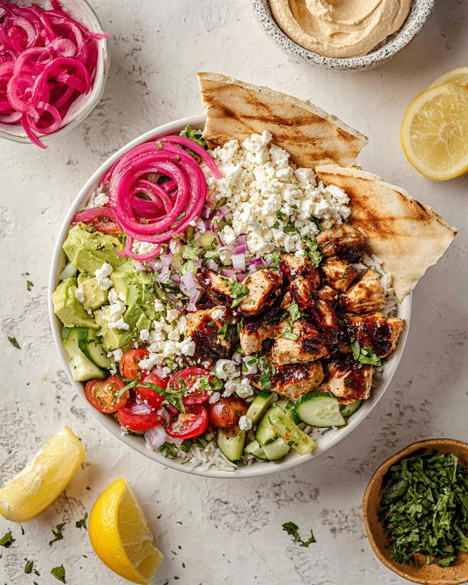 The dish is served in a white bowl filled with multiple colorful layers. At the bottom is a layer of white rice, topped with grilled chicken pieces coated in a dark sauce. On one side of the bowl, there are slices of pale green avocado and bright red cherry tomatoes mixed with diced cucumber. Pickled pink onion rings are placed on top, adding a pop of color. Crumbled white cheese is scattered across the bowl with fresh green herbs sprinkled over everything. There is a scoop of light beige hummus and a creamy white salad with herbs near the edge. Two wedges of toasted flatbread rest on top of the rice. Around the bowl, there are lemon wedges on the white marbled surface, along with a bowl of pickled onions and another small bowl with green herbs. Photo taken with an iphone --ar 4:5 --v 7