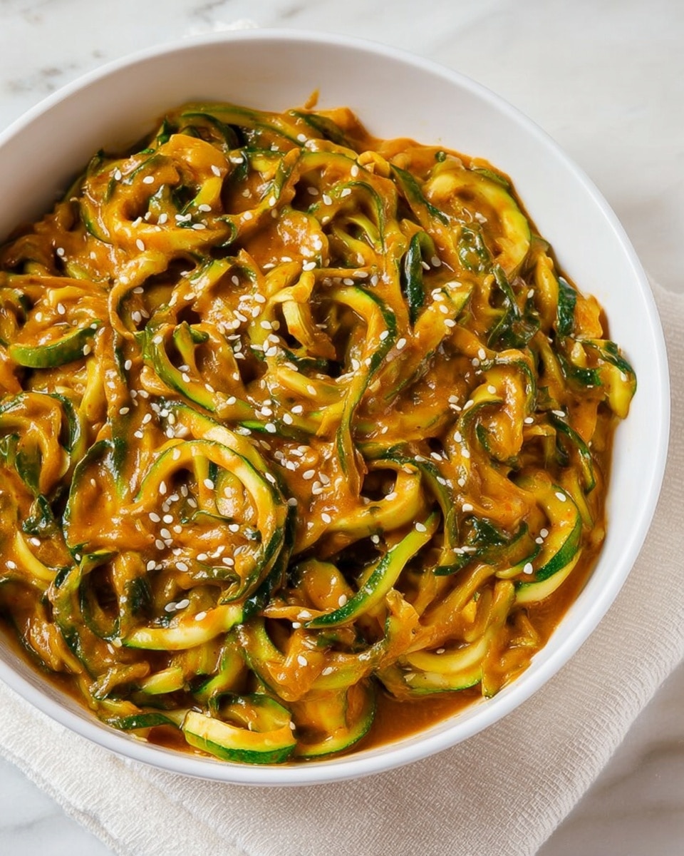 The image shows a white bowl filled with a dish of spiral-shaped zucchini noodles coated in a thick, slightly chunky orange sauce. The noodles have a fresh green and pale yellow color with darker green skins visible, twisted together with some leafy green pieces mixed in. The sauce gives a glossy, rich texture to the noodles, and the dish is topped with a sprinkling of small white sesame seeds evenly spread on top. The bowl sits on a white marbled surface, and a white cloth is partially visible beneath it, with the whole dish looking fresh and vibrant. photo taken with an iphone --ar 4:5 --v 7