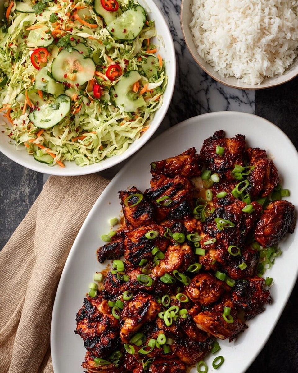The image shows three dishes on a dark surface with a beige cloth nearby. The first dish is a white oval plate filled with grilled chicken pieces that are charred and glazed with a dark reddish-brown sauce, sprinkled with sliced green onions. The second dish is a white bowl holding shredded cabbage salad mixed with sliced cucumbers and orange bell pepper rings, garnished with herbs and red chili flakes. The third dish is a smaller white bowl filled with plain white rice. The background is a white marbled texture. photo taken with an iphone --ar 4:5 --v 7