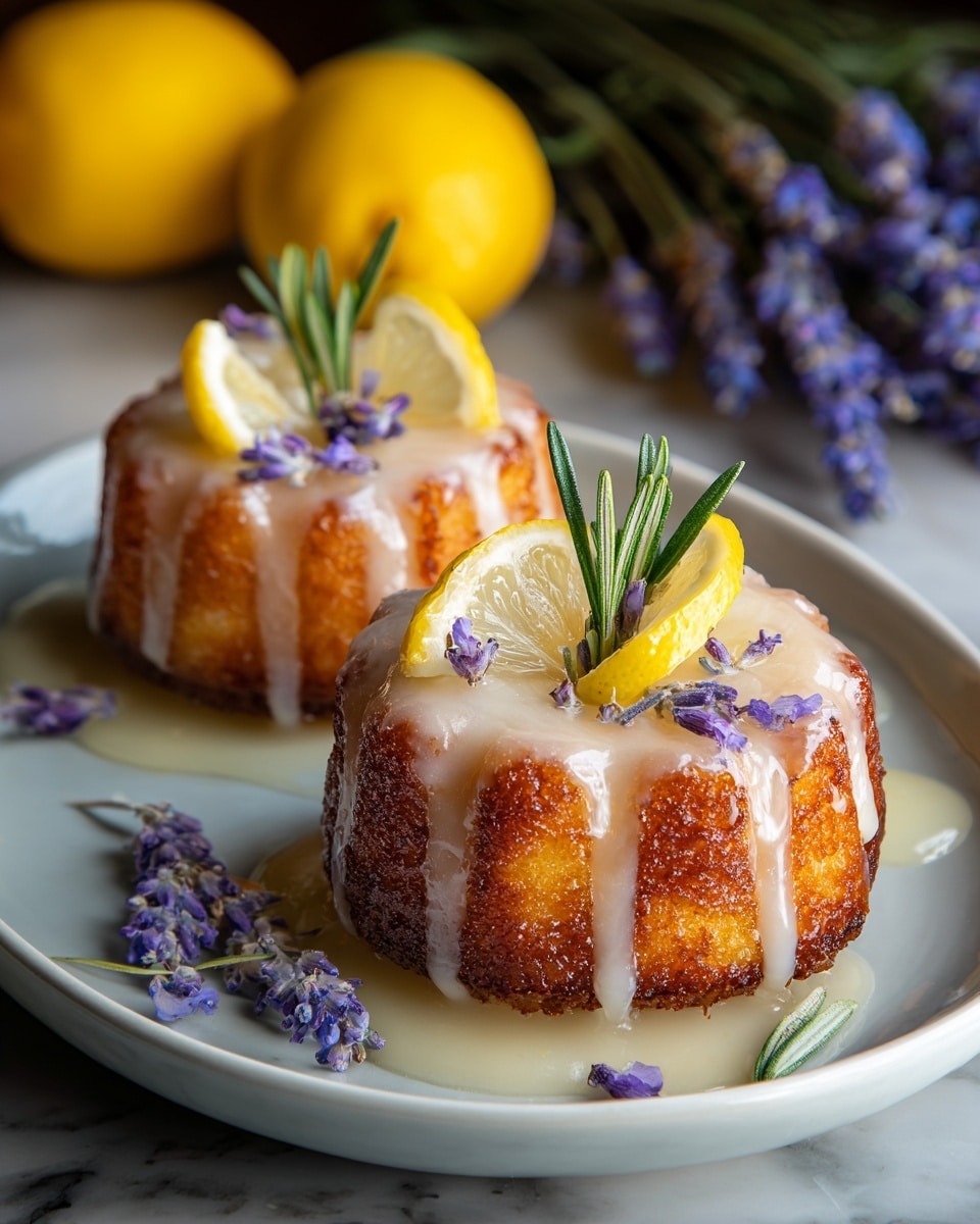 Two small round cakes with fluted edges are placed on a white plate. Each cake is golden brown with a shiny glaze dripping down the sides, topped with a pale cream icing. On top of each cake, there are small lemon wedges and sprigs of green rosemary, along with tiny purple lavender flowers scattered over the glaze and plate. The plate sits on a white marbled surface, with whole yellow lemons and bunches of lavender flowers blurred in the background. Photo taken with an iphone --ar 4:5 --v 7