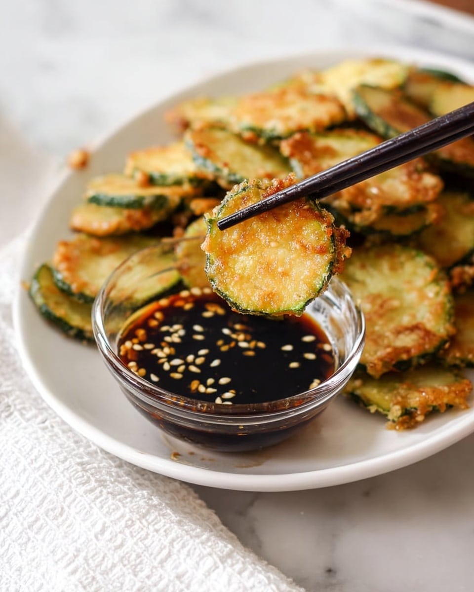 A close-up of a crispy golden brown fried zucchini slice held by black chopsticks, being dipped into a small clear glass bowl filled with dark soy sauce sprinkled with light beige sesame seeds, in the background is a white plate filled with many more fried zucchini slices, all set on a white marbled surface with a white textured cloth nearby. photo taken with an iphone --ar 4:5 --v 7