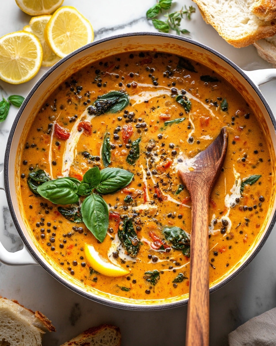 A white pot with a dark rim is filled with a creamy orange soup mixed with many small black lentils and pieces of red tomato, swirled with light cream on top. A wooden spoon is stirring the soup, showing its thick texture and chunky bits of lentils and tomatoes. Fresh green basil leaves are placed on the surface of the soup along with a lemon wedge resting on the side of the pot. The pot sits on a white marbled surface with lemon halves and slices of white bread in the background. photo taken with an iphone --ar 4:5 --v 7